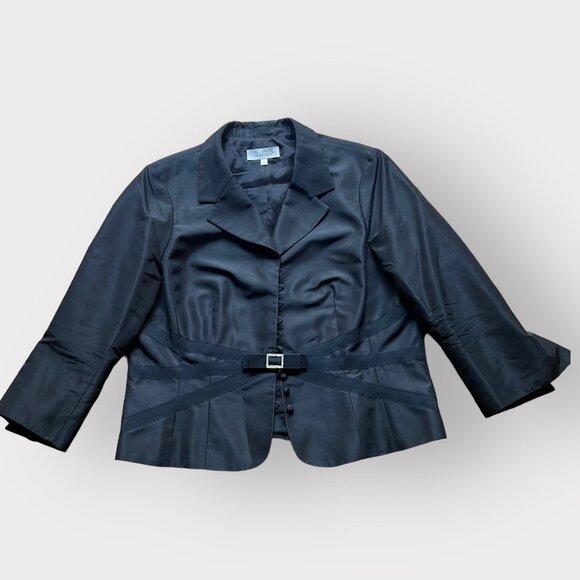 Rickie Freeman Teri Jon Size 16 Black Silk Wool Blend Corset Bow Blazer Jacket - Picture 1 of 11